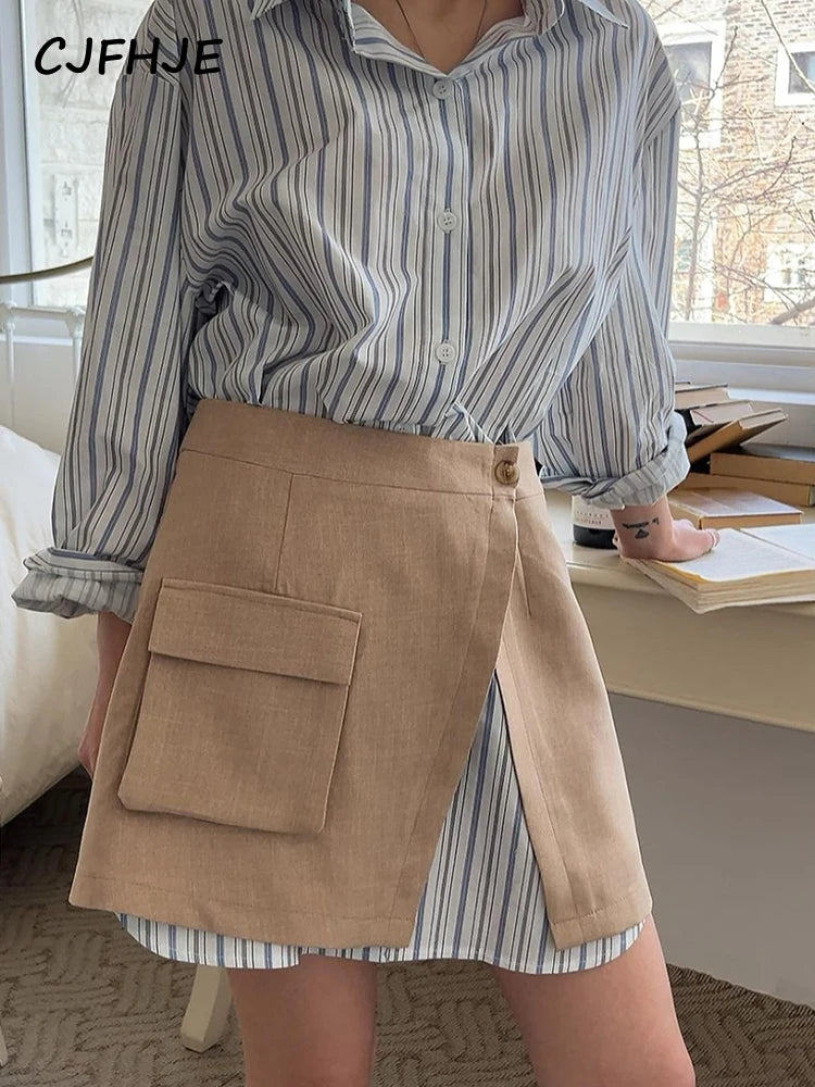 CJFHJE Harajuku Blue Two Piece Set Dress Women Striped Long Sleeve Shirt Autumn Pocket Fashion Khaki A-line Elegant Lady Skirts