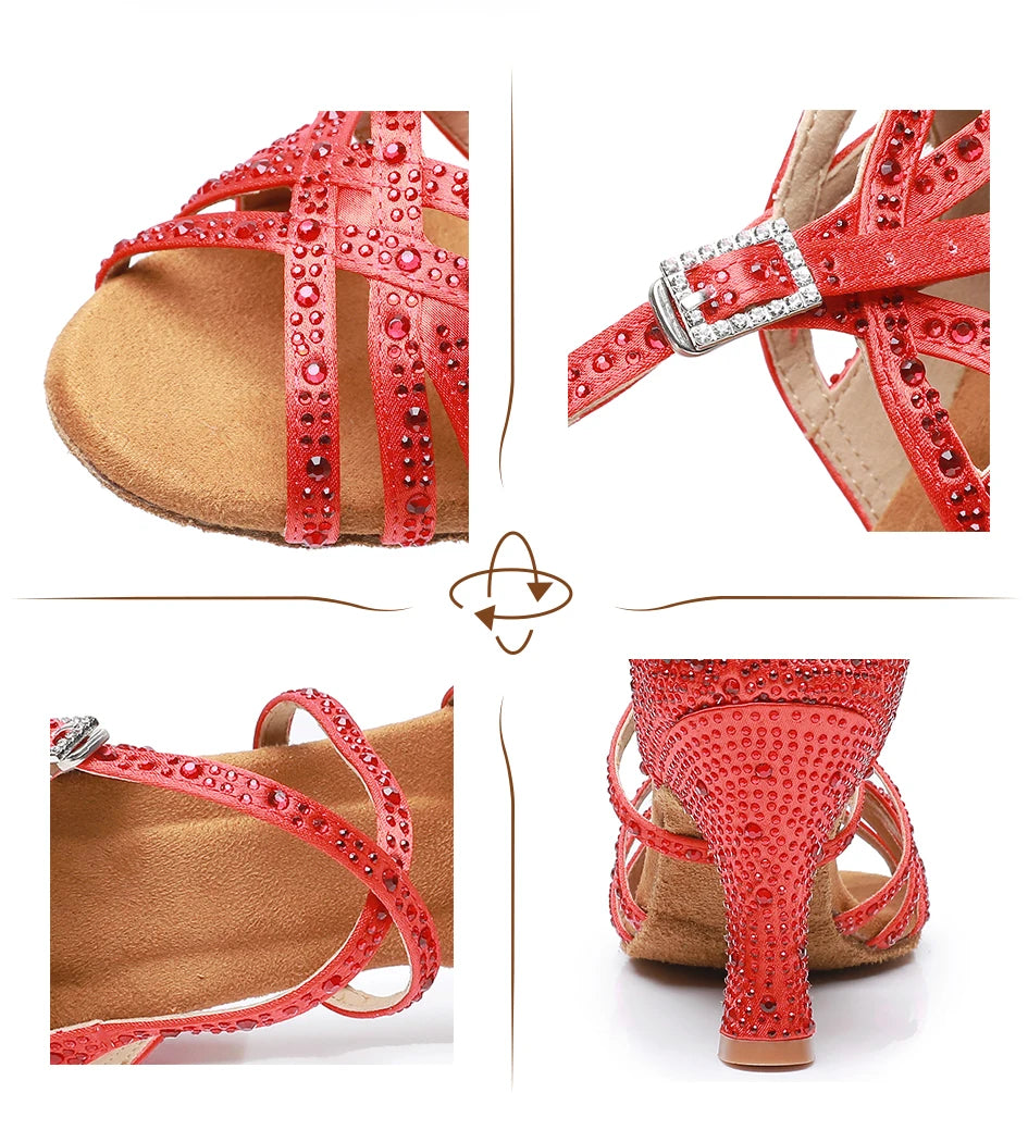 Woman Latin Dance Shoes for Women Women's Heel Sandals Drill Red Heels Elegant Heeled Summer 2024 Standard Ballroom Latino New