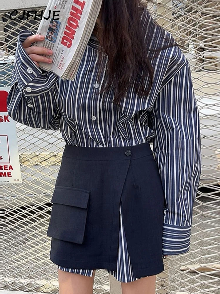 CJFHJE Harajuku Blue Two Piece Set Dress Women Striped Long Sleeve Shirt Autumn Pocket Fashion Khaki A-line Elegant Lady Skirts
