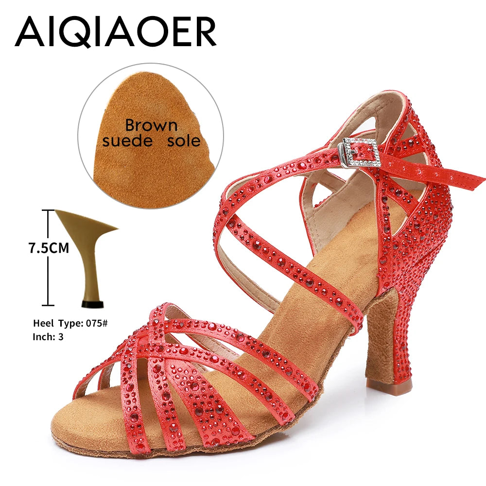Woman Latin Dance Shoes for Women Women's Heel Sandals Drill Red Heels Elegant Heeled Summer 2024 Standard Ballroom Latino New