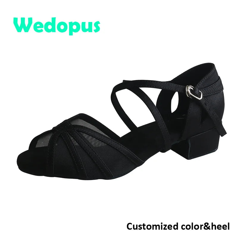 Wedopus Customized Black Ballroom Dance Shoes for Women 2024 Latin Dance Shoes Professional Ladies Low Heel