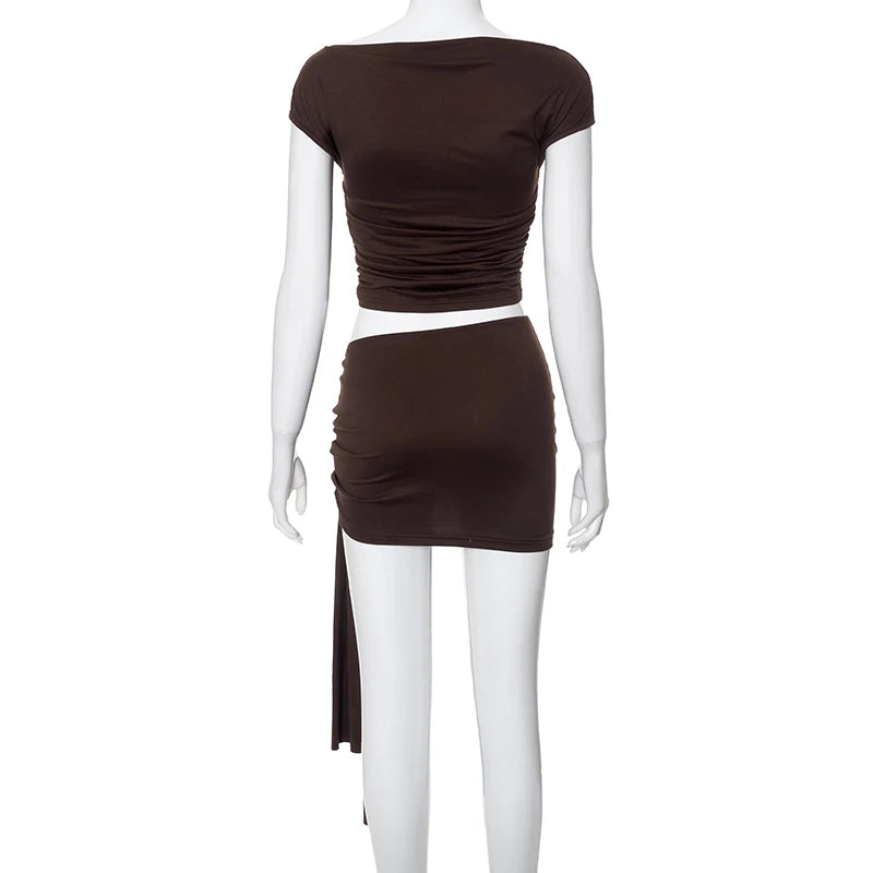CUTENOVA Solid Color Pleated Backless Sexy Two piece Set 2024 Off Shoulder Mini Skirt Women Set Elegant Evening Party 2 Pieces