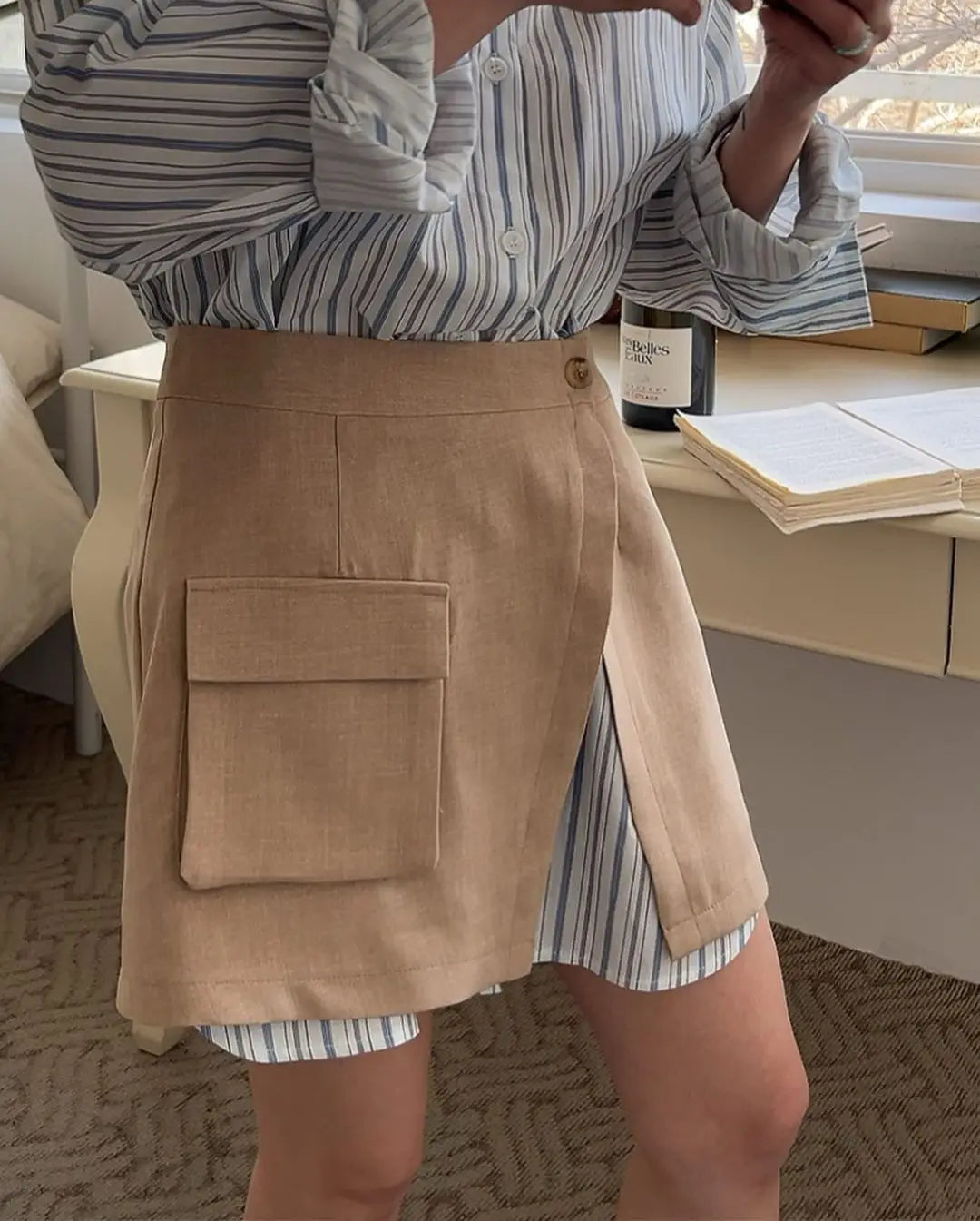 CJFHJE Harajuku Blue Two Piece Set Dress Women Striped Long Sleeve Shirt Autumn Pocket Fashion Khaki A-line Elegant Lady Skirts