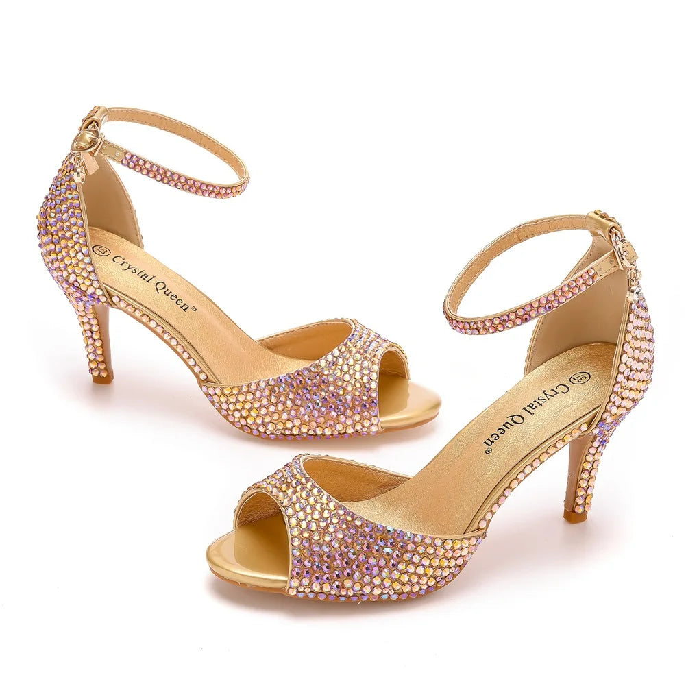 Women Summer Sandals PU 7CM Thin Heels Buckle Strap Rhinestone Party Dress Wedding Nightclub Women Shoes Gold Fashion