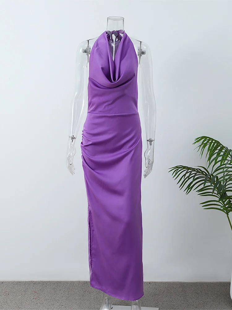 Chic Purple Lace Up Skinny Halter Long Dress Women Sexy Swinging Neck Backless Slit Vestidos 2024 New Lady Elegant Evening Gowns