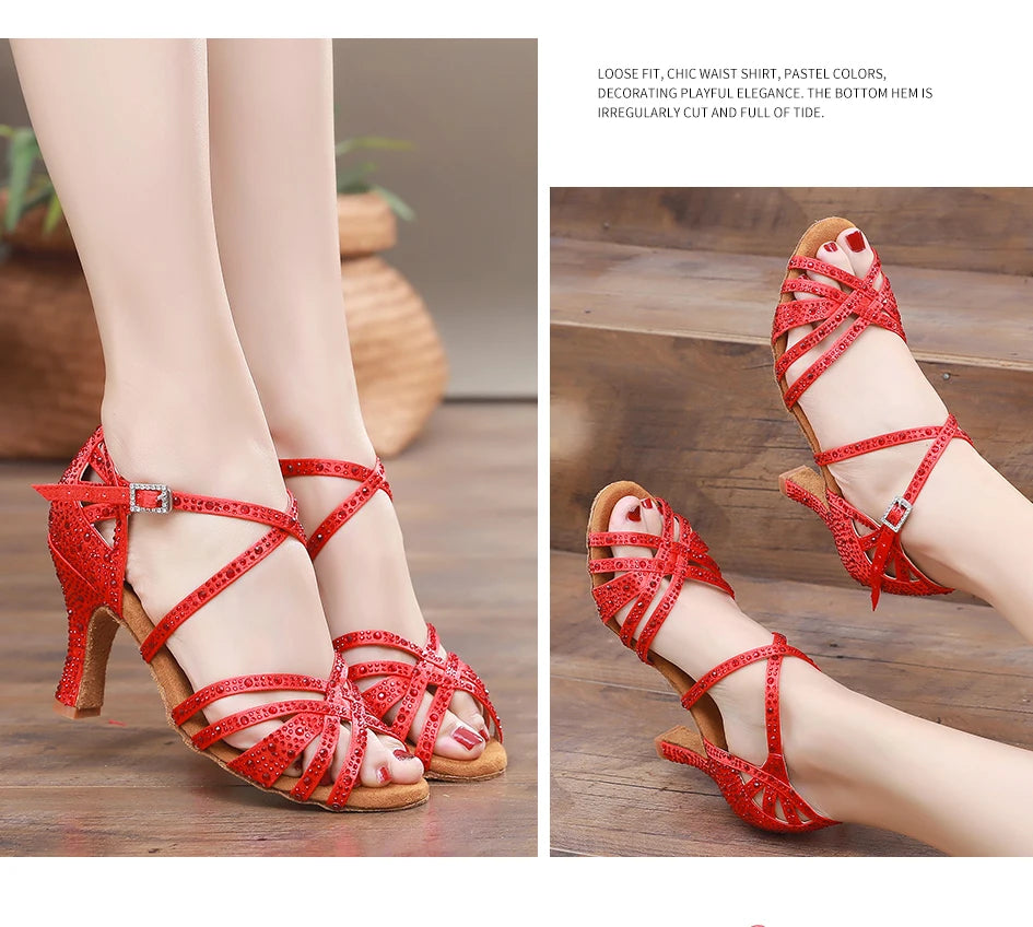 Woman Latin Dance Shoes for Women Women's Heel Sandals Drill Red Heels Elegant Heeled Summer 2024 Standard Ballroom Latino New
