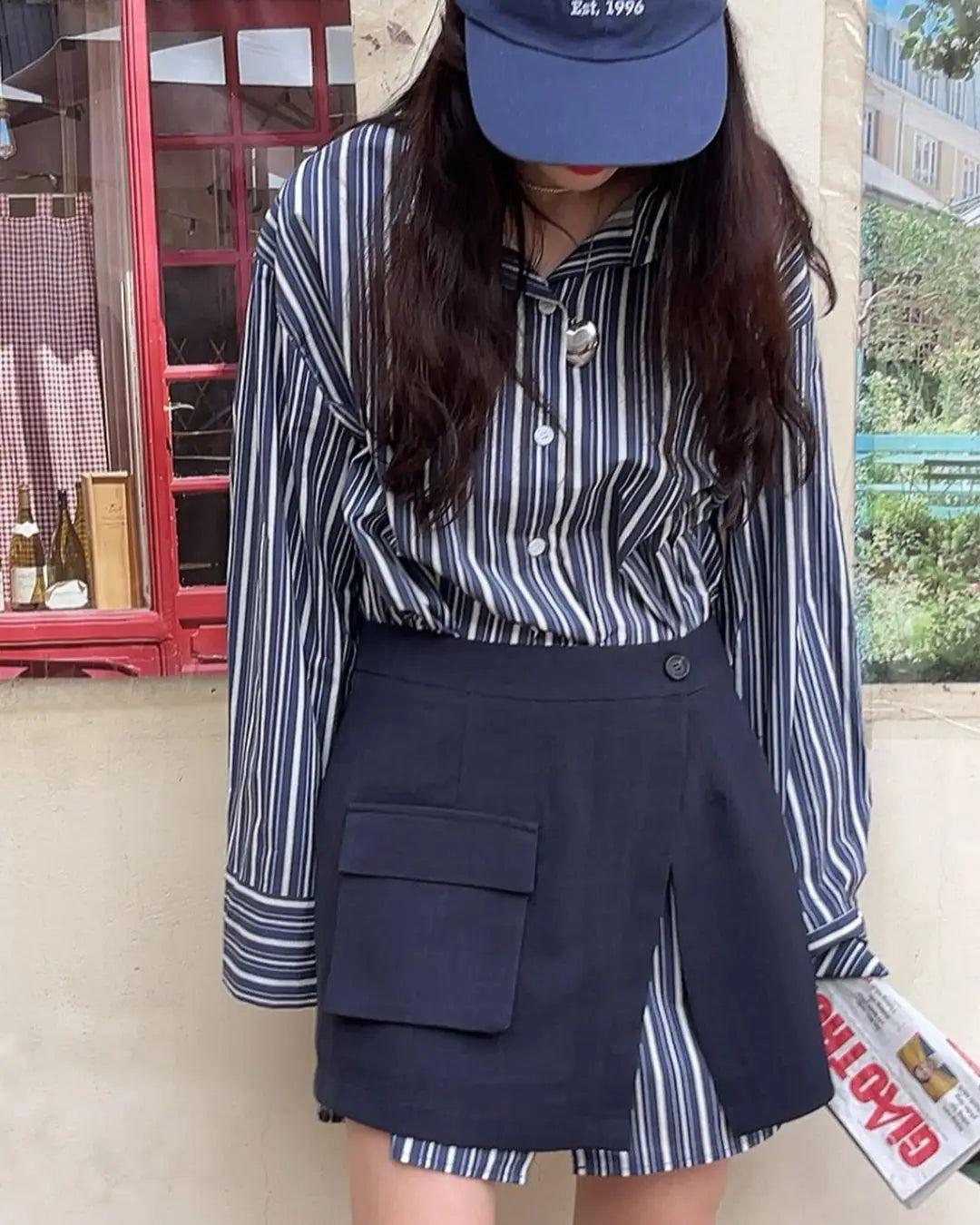 CJFHJE Harajuku Blue Two Piece Set Dress Women Striped Long Sleeve Shirt Autumn Pocket Fashion Khaki A-line Elegant Lady Skirts