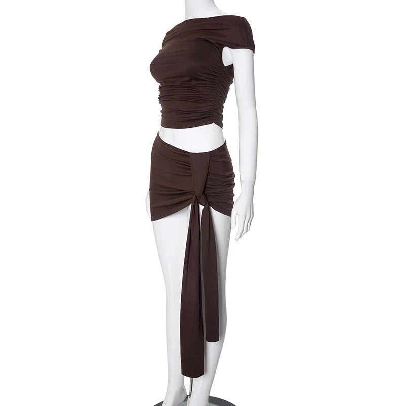 CUTENOVA Solid Color Pleated Backless Sexy Two piece Set 2024 Off Shoulder Mini Skirt Women Set Elegant Evening Party 2 Pieces