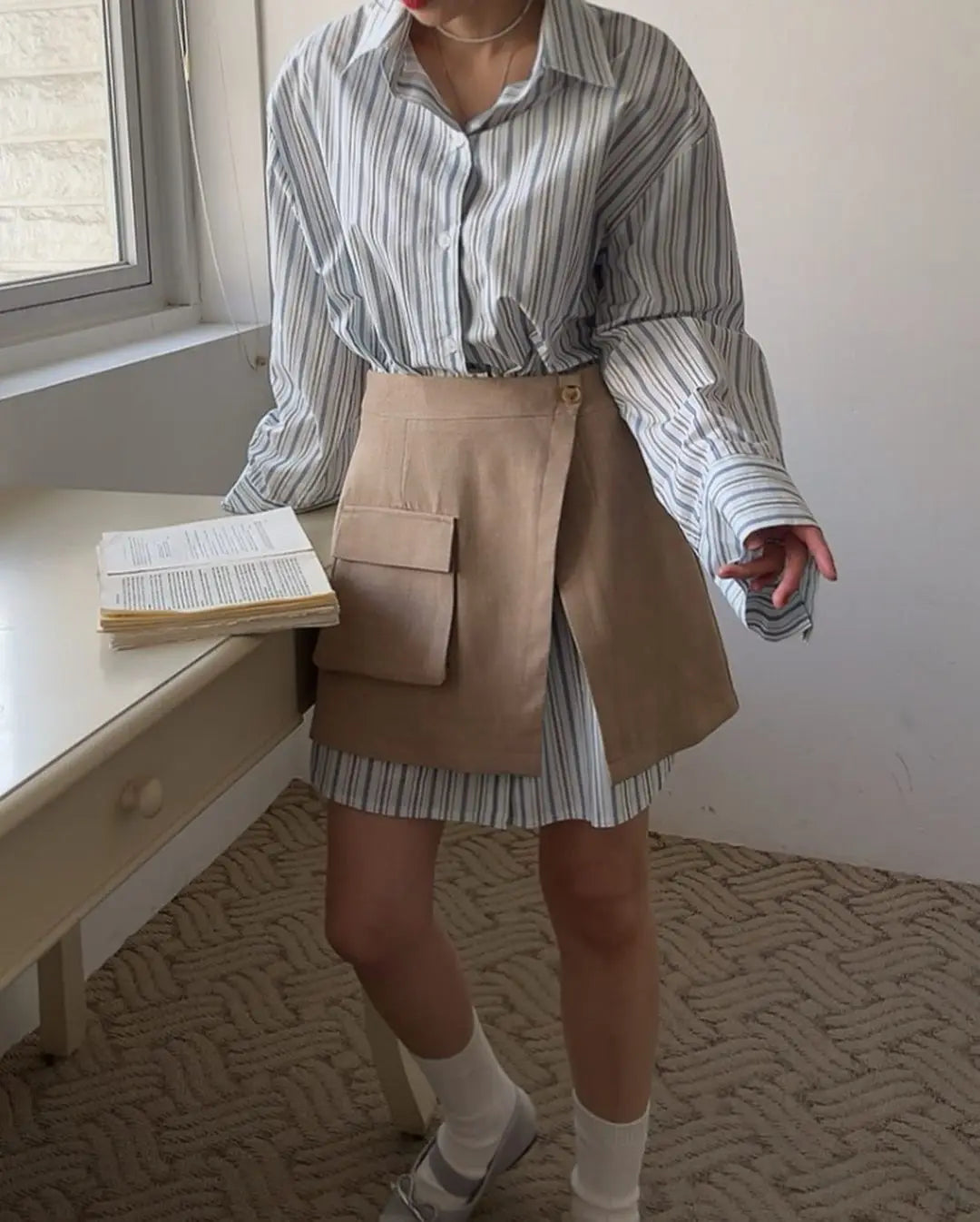 CJFHJE Harajuku Blue Two Piece Set Dress Women Striped Long Sleeve Shirt Autumn Pocket Fashion Khaki A-line Elegant Lady Skirts
