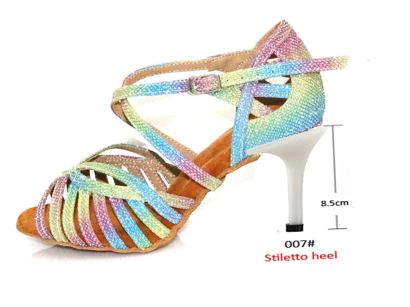 WUXIJIAO Latin Dance Shoes For Women Colorful glitter fabric Salsa Dance Shoes Women's Ballroom Dance Sandals