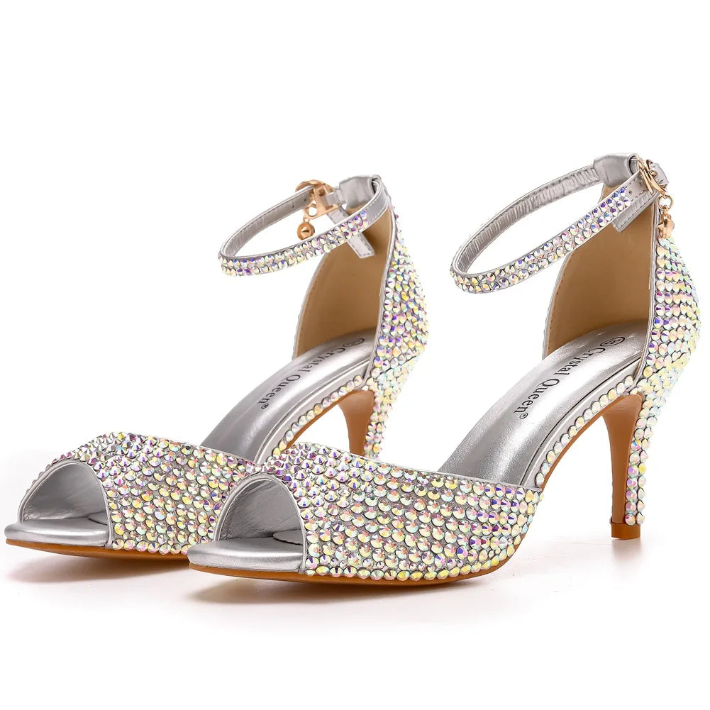 Women Summer Sandals PU 7CM Thin Heels Buckle Strap Rhinestone Party Dress Wedding Nightclub Women Shoes Gold Fashion
