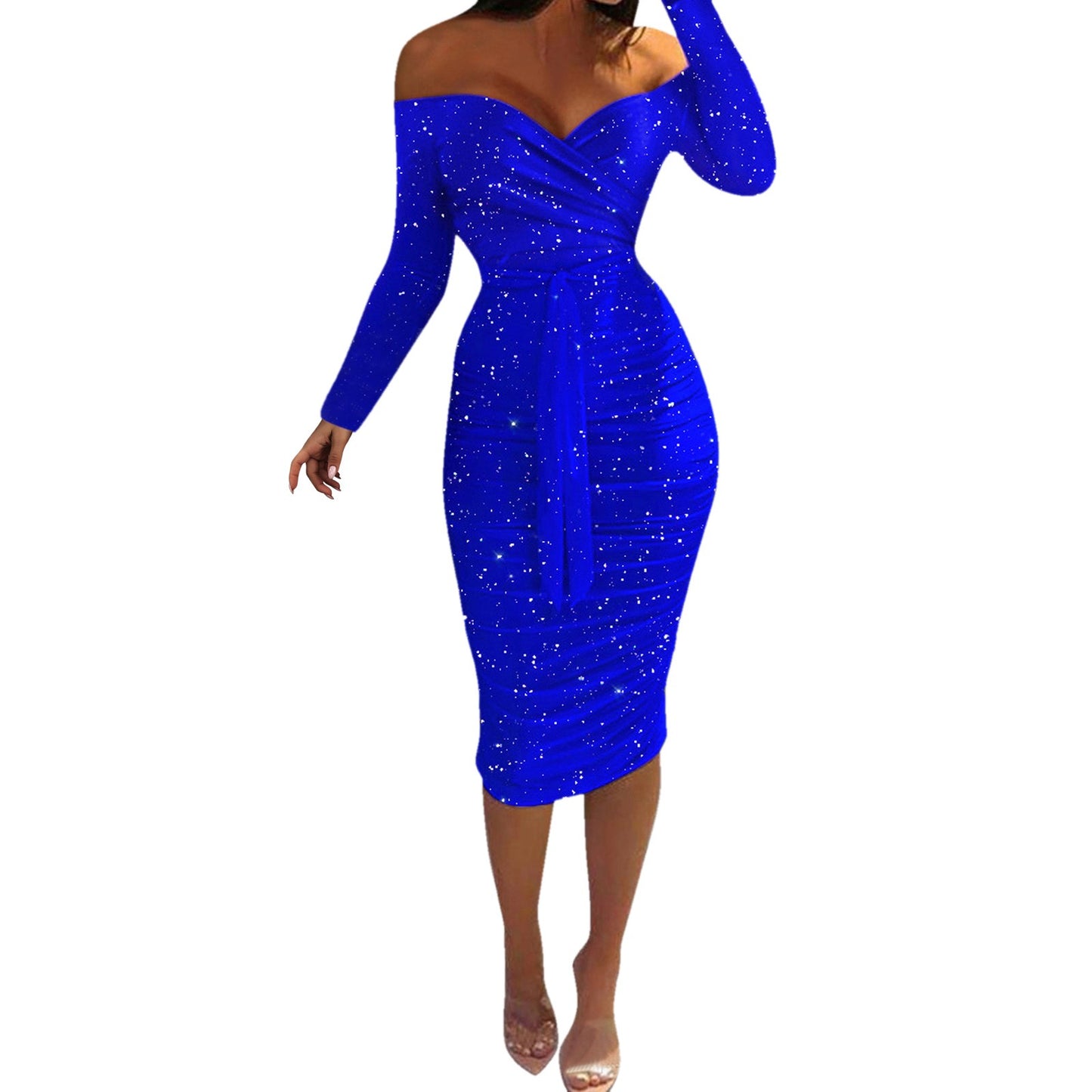 Formal Dress For Women Sexy Off Shoulder Long Sleeve Slim Bodycon Hip Wrap Ruched Midi Red Dress Vintage Party Dress Vestidos