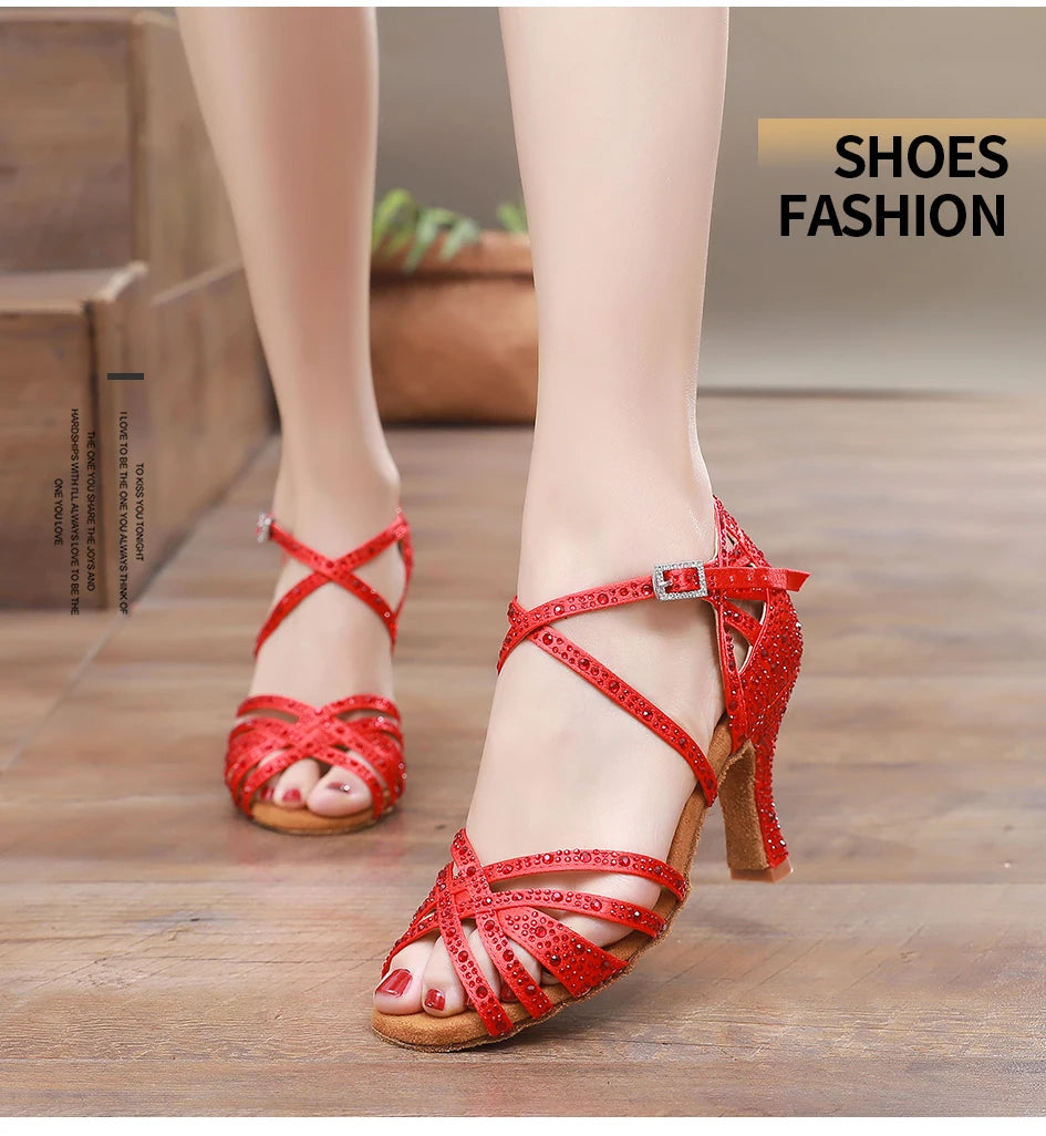 Woman Latin Dance Shoes for Women Women's Heel Sandals Drill Red Heels Elegant Heeled Summer 2024 Standard Ballroom Latino New