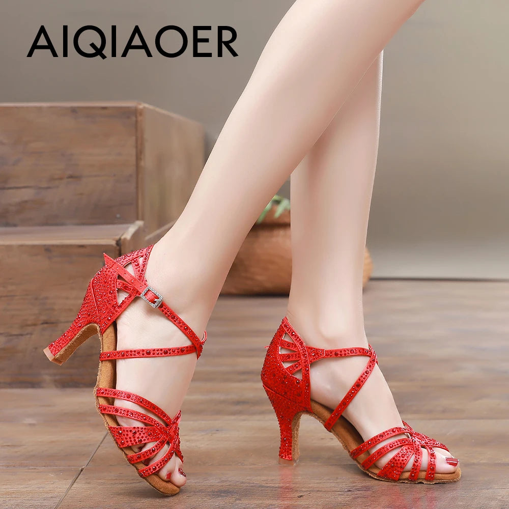 Woman Latin Dance Shoes for Women Women's Heel Sandals Drill Red Heels Elegant Heeled Summer 2024 Standard Ballroom Latino New