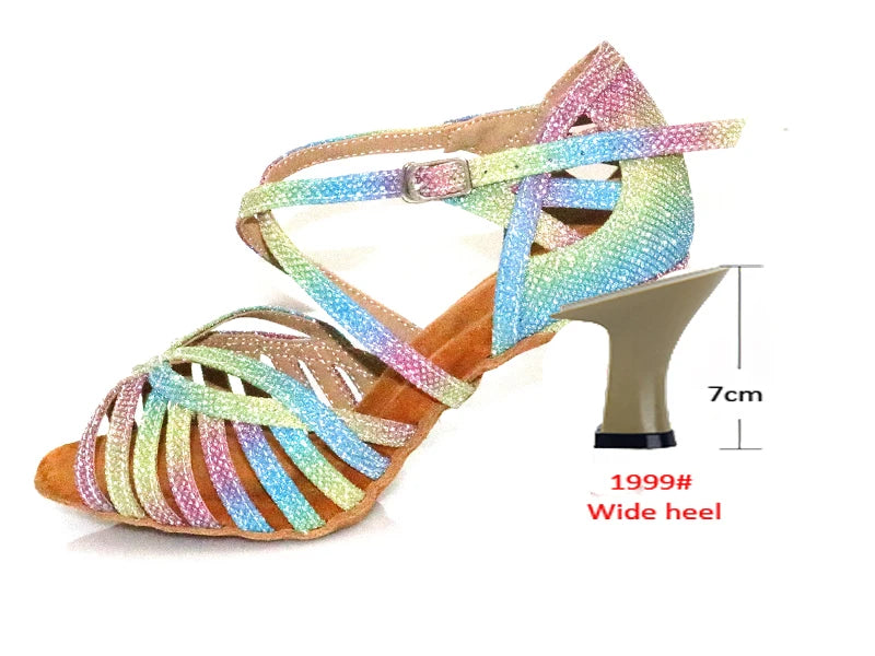 WUXIJIAO Latin Dance Shoes For Women Colorful glitter fabric Salsa Dance Shoes Women's Ballroom Dance Sandals