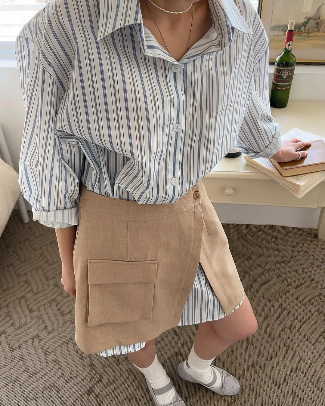 CJFHJE Harajuku Blue Two Piece Set Dress Women Striped Long Sleeve Shirt Autumn Pocket Fashion Khaki A-line Elegant Lady Skirts