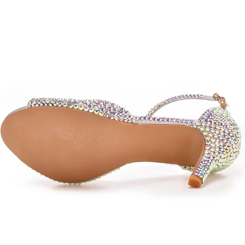 Women Summer Sandals PU 7CM Thin Heels Buckle Strap Rhinestone Party Dress Wedding Nightclub Women Shoes Gold Fashion