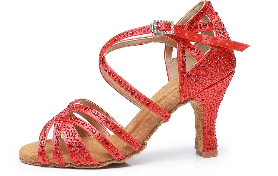 Woman Latin Dance Shoes for Women Women's Heel Sandals Drill Red Heels Elegant Heeled Summer 2024 Standard Ballroom Latino New