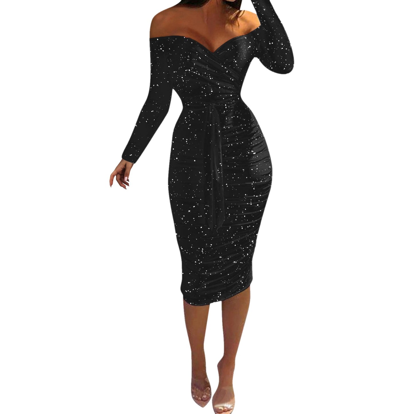 Formal Dress For Women Sexy Off Shoulder Long Sleeve Slim Bodycon Hip Wrap Ruched Midi Red Dress Vintage Party Dress Vestidos