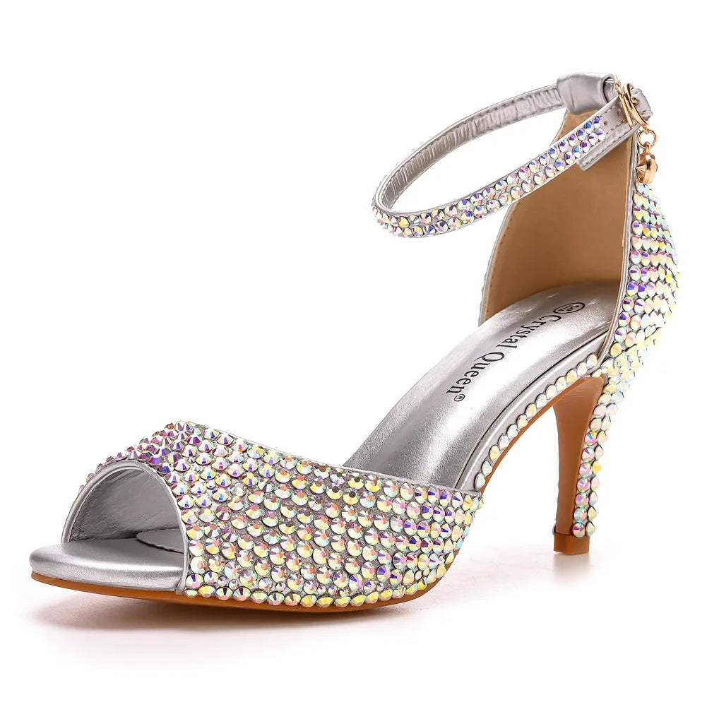 Women Summer Sandals PU 7CM Thin Heels Buckle Strap Rhinestone Party Dress Wedding Nightclub Women Shoes Gold Fashion