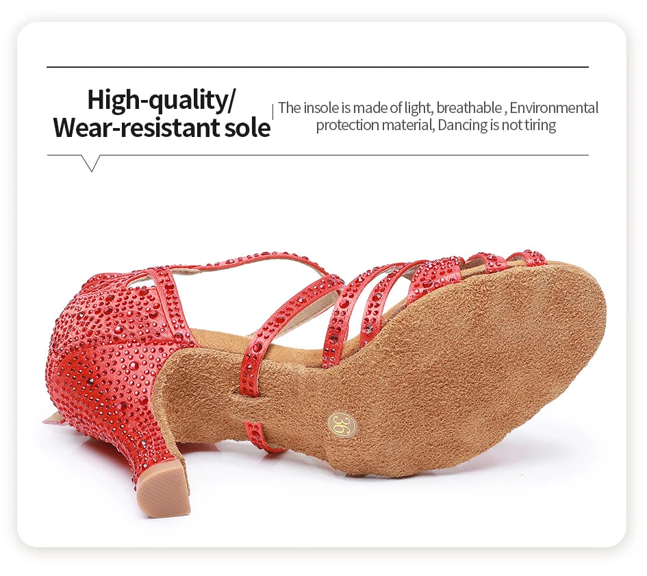 Woman Latin Dance Shoes for Women Women's Heel Sandals Drill Red Heels Elegant Heeled Summer 2024 Standard Ballroom Latino New