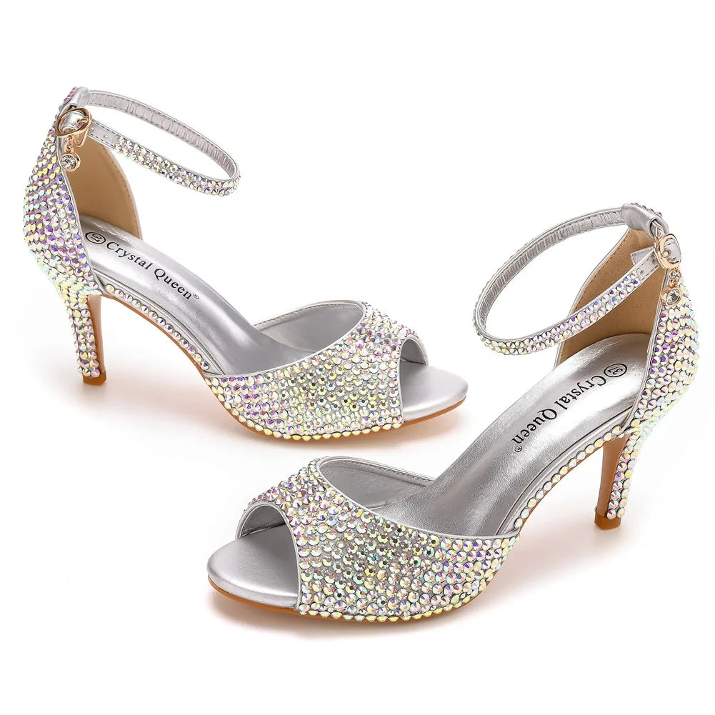 Women Summer Sandals PU 7CM Thin Heels Buckle Strap Rhinestone Party Dress Wedding Nightclub Women Shoes Gold Fashion