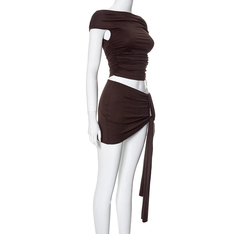 CUTENOVA Solid Color Pleated Backless Sexy Two piece Set 2024 Off Shoulder Mini Skirt Women Set Elegant Evening Party 2 Pieces