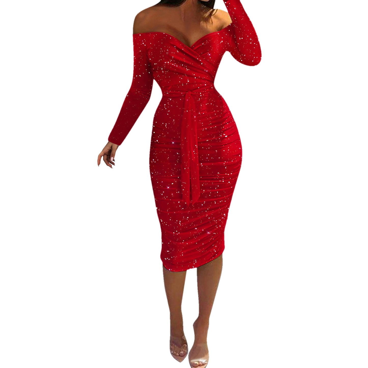 Formal Dress For Women Sexy Off Shoulder Long Sleeve Slim Bodycon Hip Wrap Ruched Midi Red Dress Vintage Party Dress Vestidos
