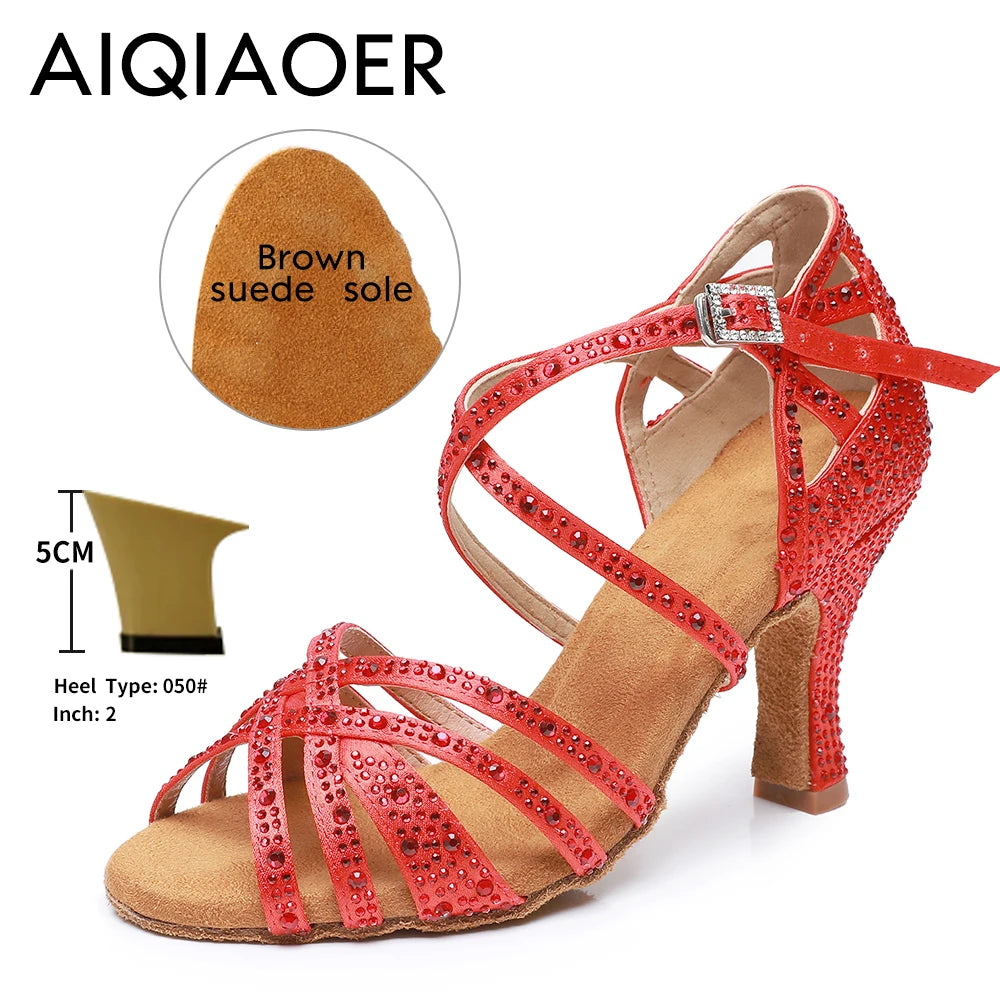 Woman Latin Dance Shoes for Women Women's Heel Sandals Drill Red Heels Elegant Heeled Summer 2024 Standard Ballroom Latino New