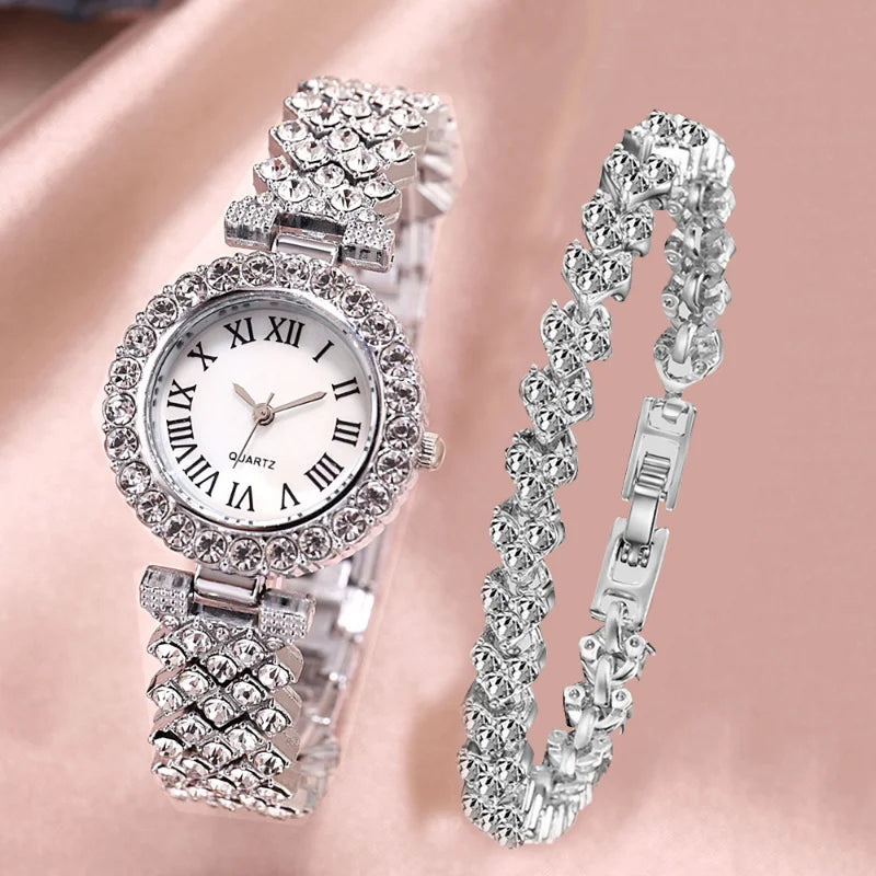 Fashion Business Luxury Full Crystal Watch Set Diamond Bracelet Set Jewelry for Women Gift with Set Gift Box