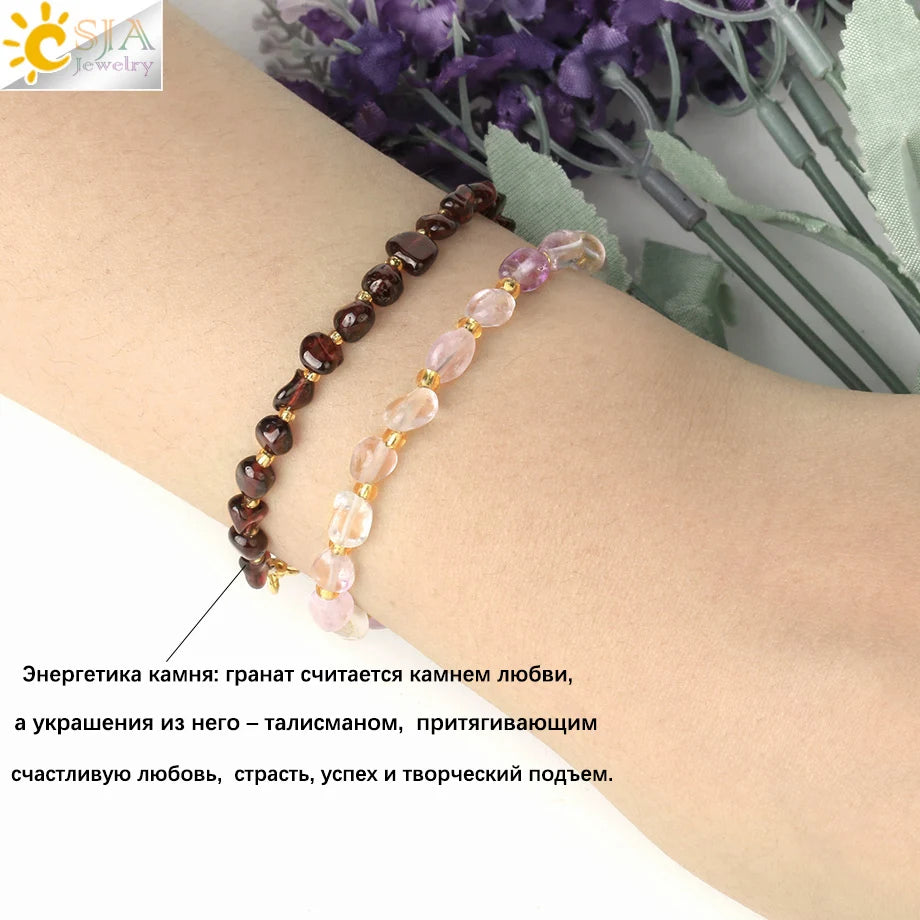 CSJA Irregular Natural Gem Stone Bracelet for Women Chip Gravel Bracelets Purple Crystal Obsidian Garnet Blessing Jewelry G701