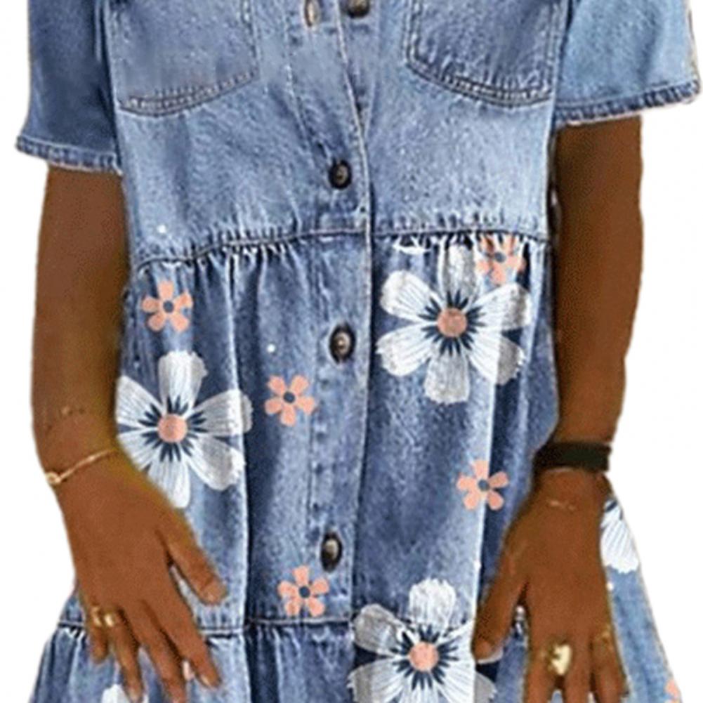 Women Elegant Turn-down Collar Denim Dress Spring Floral Print Button Shirt Dress Summer Short Sleeve A-Line Party Dress Vestido