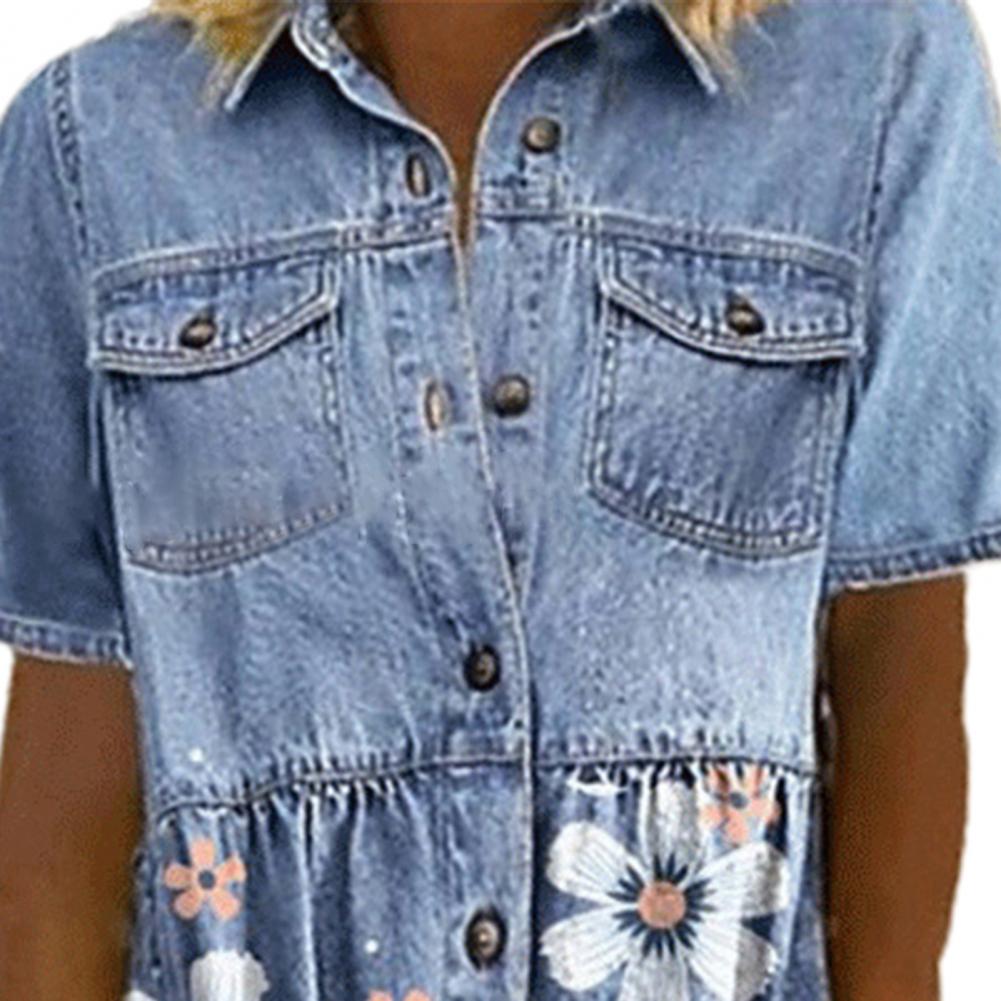 Women Elegant Turn-down Collar Denim Dress Spring Floral Print Button Shirt Dress Summer Short Sleeve A-Line Party Dress Vestido