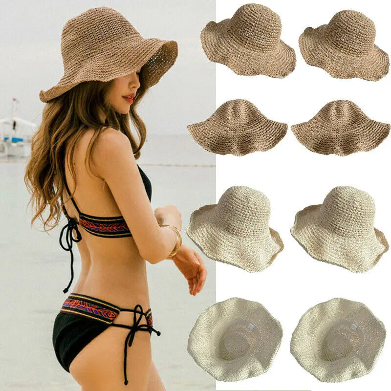 New Fashion Ladies Summer Hoilday Floppy Straw Hat Women Wide Brim Beach Foldable Bow Flower Straw Sun Hat Sun Cap Hot Sales