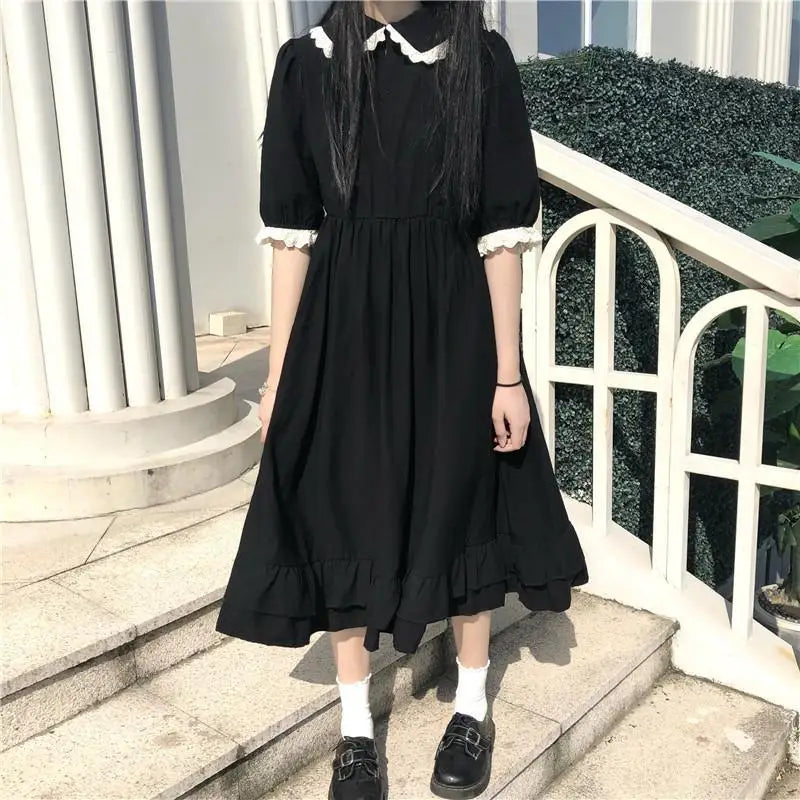 Mini Black Dresses Puff Sleeve Women Lolita Girlish Designer Kawaii Clothes Japanese Preppy Bow Summer Sweet Ins Y2k Vestidos BF