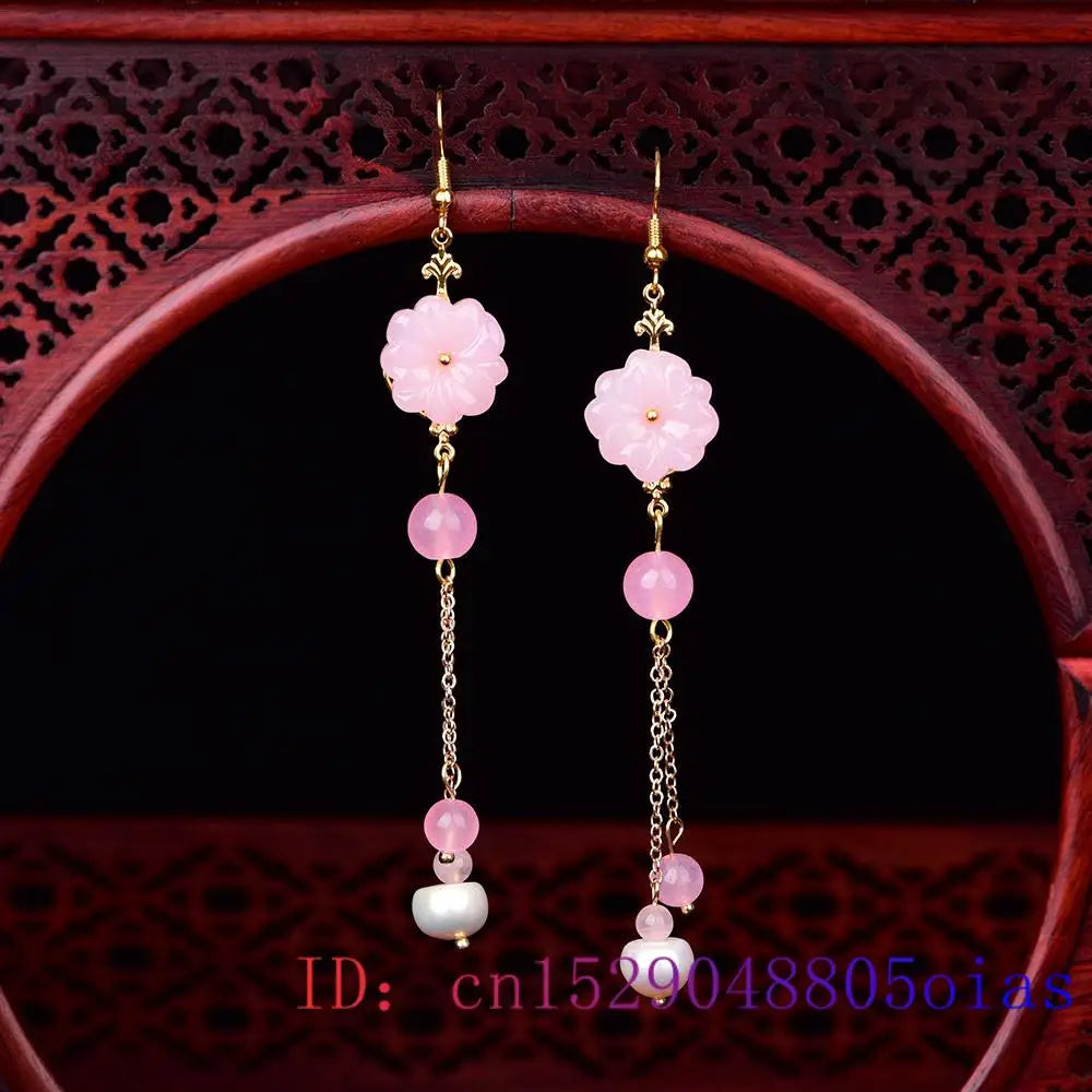 Pink Jade Flower Earrings Chalcedony Gemstone Charm Gifts Crystal Amulet Women Jewelry Natural Fashion Zircon 925 Silver