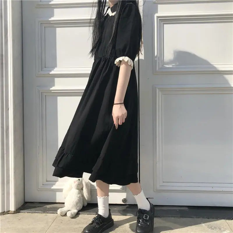 Mini Black Dresses Puff Sleeve Women Lolita Girlish Designer Kawaii Clothes Japanese Preppy Bow Summer Sweet Ins Y2k Vestidos BF