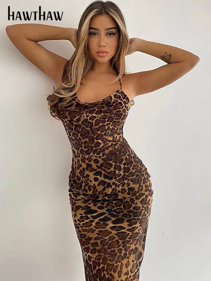 Hawthaw Women Autumn Winter Sleeveless Leopard Printed Bodycon Long Straps Dress Streetwear 2021 Fall Clothes Wholesale Items