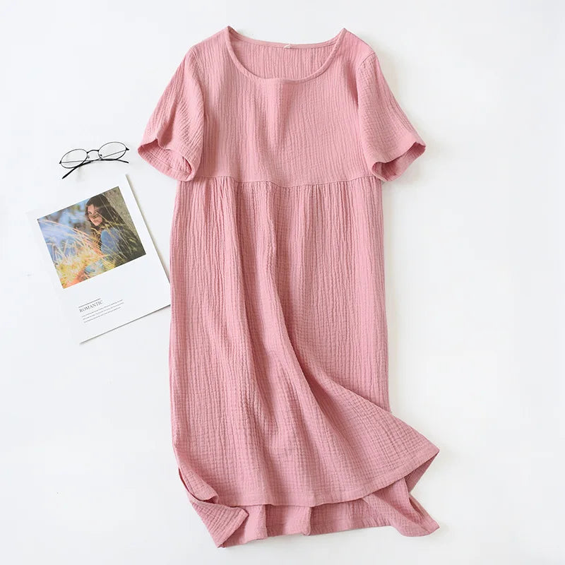 Vintage 100% Cotton Gauze Summer Dress Solid O-Neck Short Long Basic Home Women Sundress Parent-Child Outfit 121964WLA