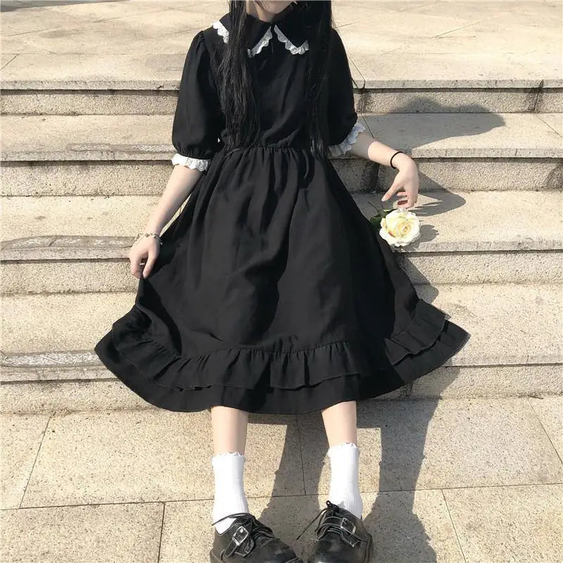 Mini Black Dresses Puff Sleeve Women Lolita Girlish Designer Kawaii Clothes Japanese Preppy Bow Summer Sweet Ins Y2k Vestidos BF