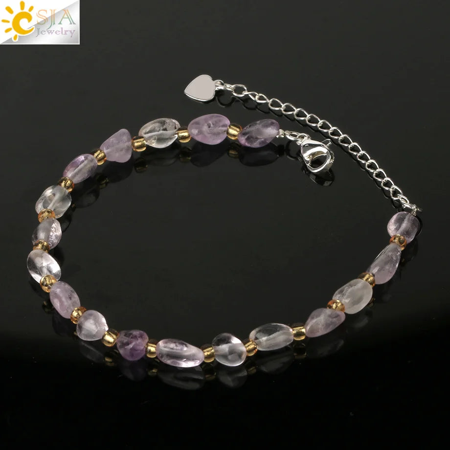 CSJA Irregular Natural Gem Stone Bracelet for Women Chip Gravel Bracelets Purple Crystal Obsidian Garnet Blessing Jewelry G701