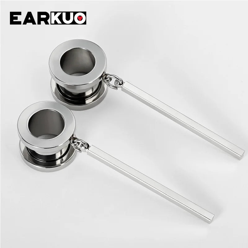 EARKUO Popular Stainless Steel Square Bar Chains Dangle Ear Plugs Piercing Gauges Tunnels Body Jewelry Earring Stretchers 2PCS