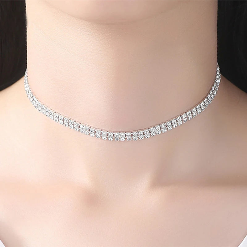 TREAZY Minimalism Rhinestone Crystal Choker Necklace for Women Prom Wedding Gift Silver Color Chain Chokers Collier Femme