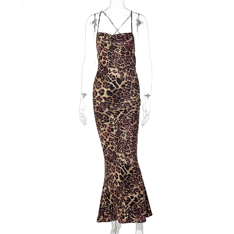 Hawthaw Women Autumn Winter Sleeveless Leopard Printed Bodycon Long Straps Dress Streetwear 2021 Fall Clothes Wholesale Items