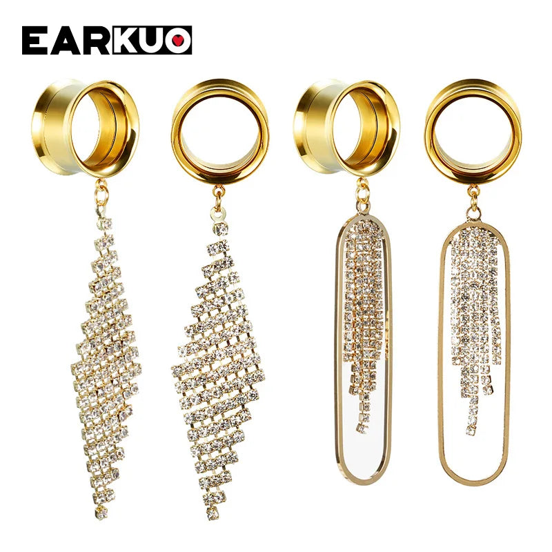 EARKUO Popular Stainless Steel Square Bar Chains Dangle Ear Plugs Piercing Gauges Tunnels Body Jewelry Earring Stretchers 2PCS