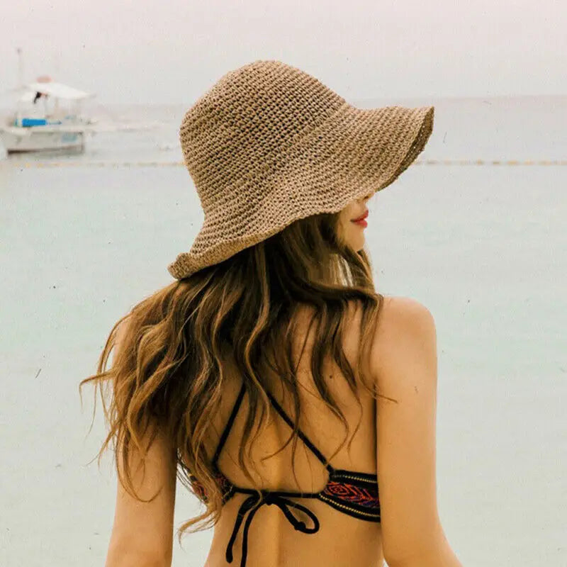 New Fashion Ladies Summer Hoilday Floppy Straw Hat Women Wide Brim Beach Foldable Bow Flower Straw Sun Hat Sun Cap Hot Sales