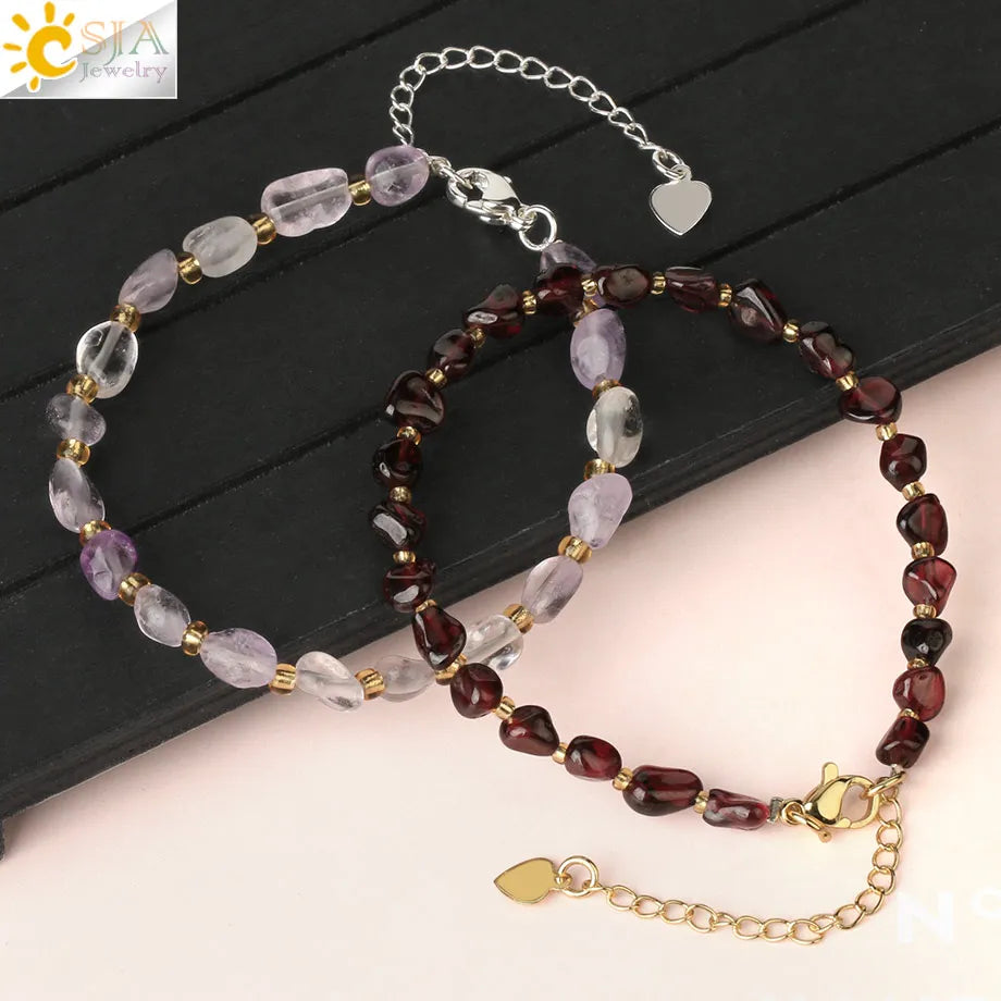 CSJA Irregular Natural Gem Stone Bracelet for Women Chip Gravel Bracelets Purple Crystal Obsidian Garnet Blessing Jewelry G701