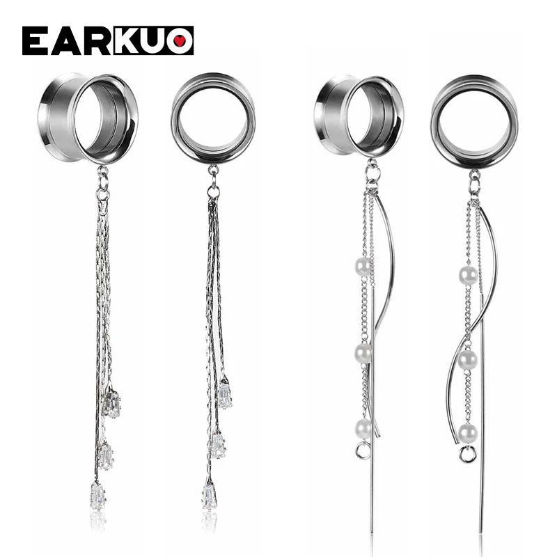 EARKUO Popular Stainless Steel Square Bar Chains Dangle Ear Plugs Piercing Gauges Tunnels Body Jewelry Earring Stretchers 2PCS