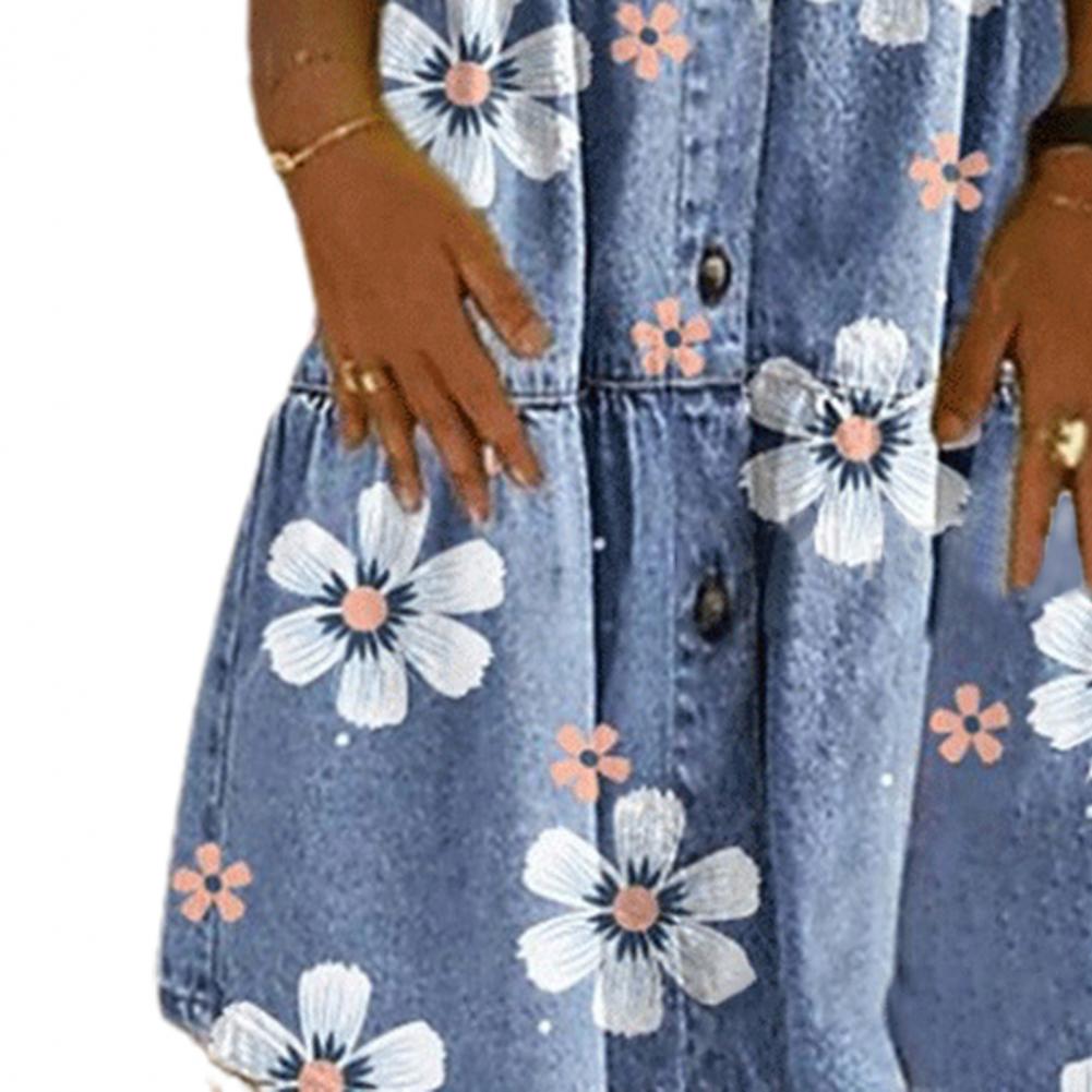 Women Elegant Turn-down Collar Denim Dress Spring Floral Print Button Shirt Dress Summer Short Sleeve A-Line Party Dress Vestido