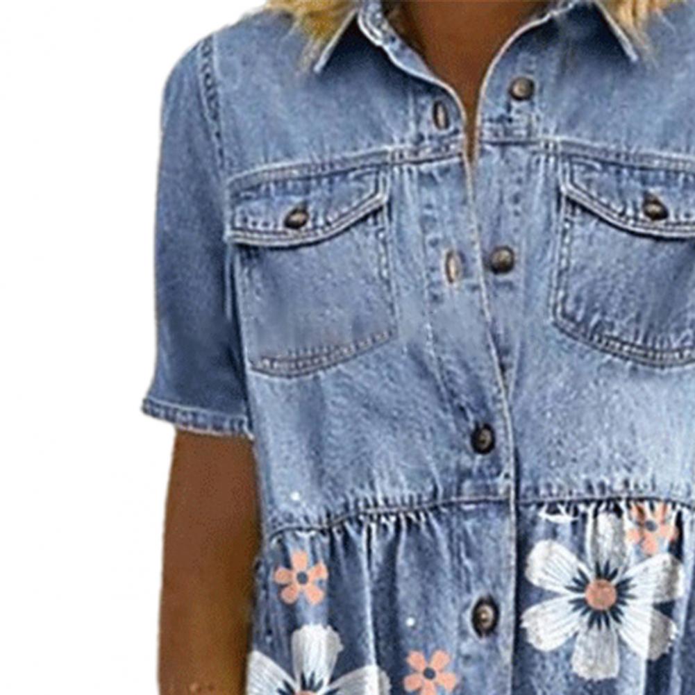 Women Elegant Turn-down Collar Denim Dress Spring Floral Print Button Shirt Dress Summer Short Sleeve A-Line Party Dress Vestido